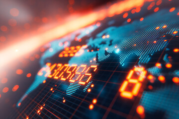 A digital globe with illuminated data points, glowing lines, and numbers, symbolizing connectivity and technology, on a dark background. Generative AI