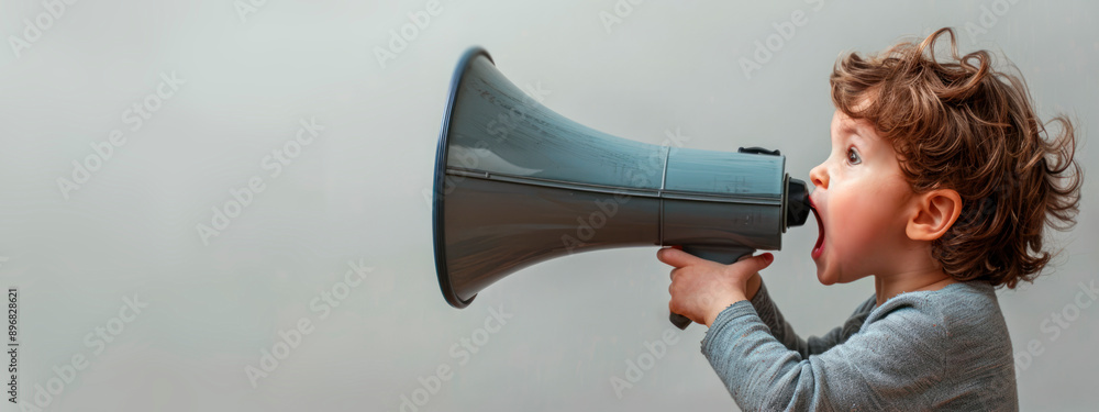 Poster Child using a megaphone on a plain background, concept of communication or announcement. Generative AI