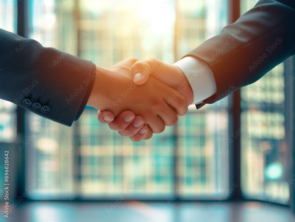 Poster close-up of a handshake against an office window background, symbolizing business agreement or partn
