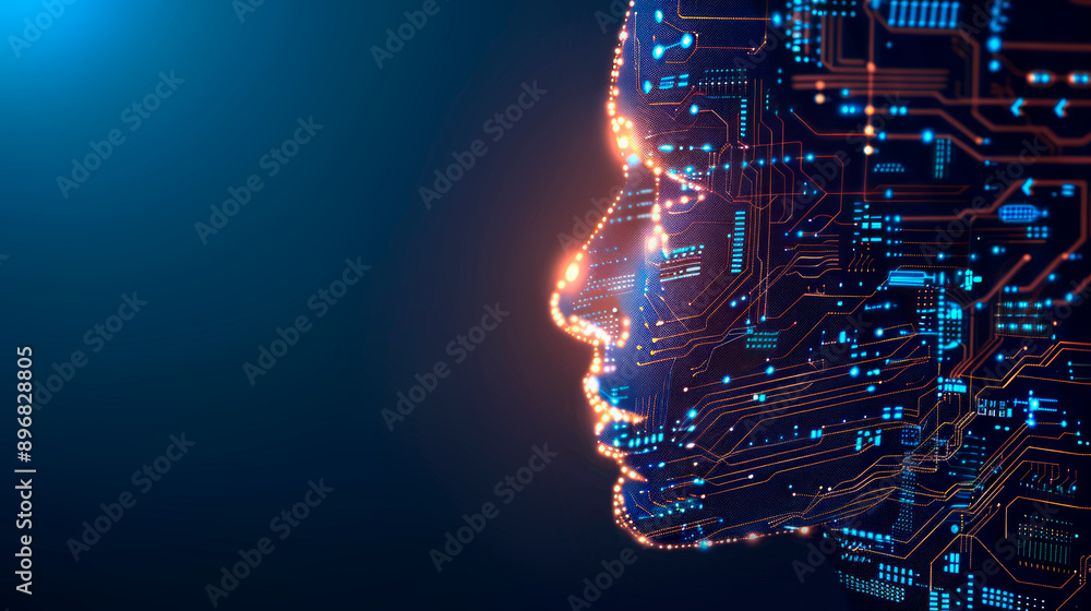 Poster Silhouette of a human head with circuit board pattern on a dark blue background, concept of technology and artificial intelligence. Generative AI
