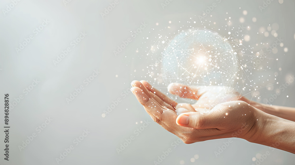 Poster A digital network globe hovering above a hand against a light background, symbolizing global connectivity. Generative AI