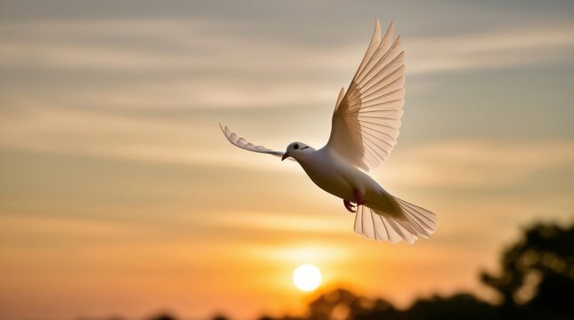 TOA image of a white dove spreading its wings and flying in the sky during the evening.