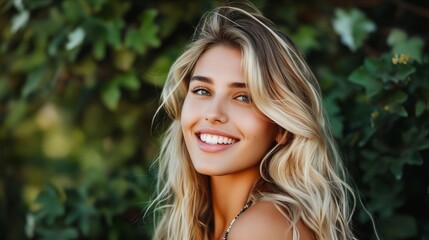 Fototapeta premium A beautiful blonde woman smiling in front of green leaves.