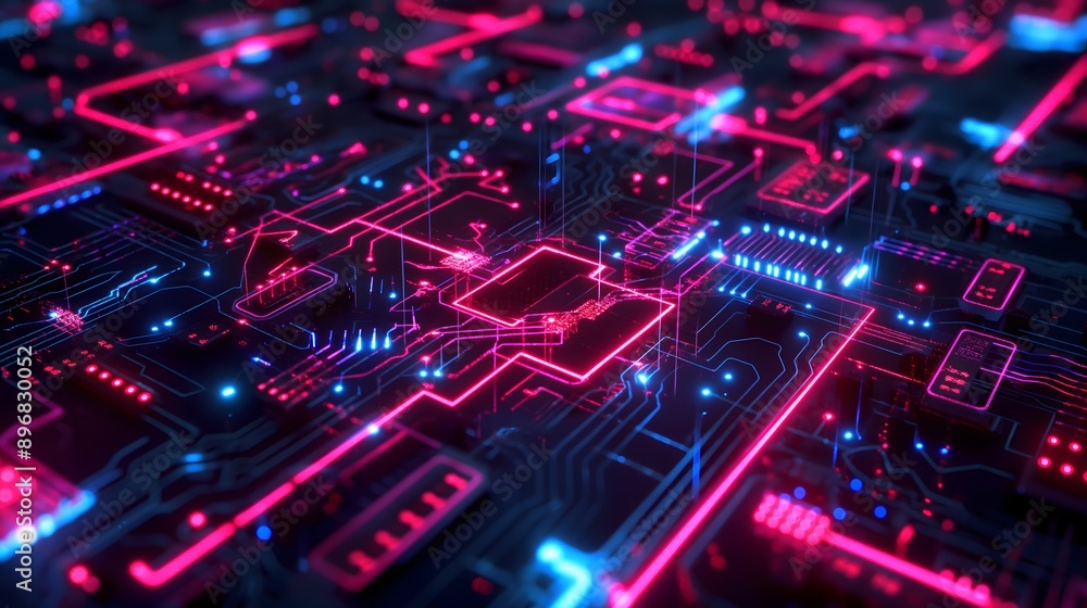 Poster 46. high-tech geometric pattern with complex circuitry and neon highlights