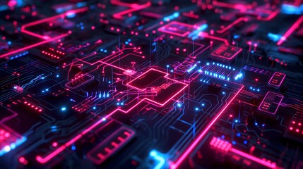 Obraz premium 46. High-tech geometric pattern with complex circuitry and neon highlights