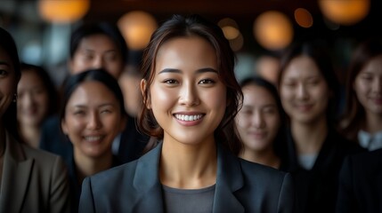 Fototapeta premium A smiling woman in front of a group of people.