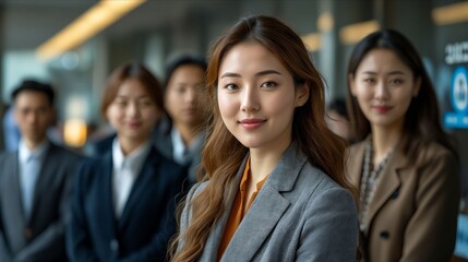 Asian businesswoman in front of a group of people.