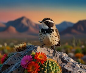 cactus wren bird  on a rock colorful background arizona desert dark sky  artwork painting cactus big flowers abstract  cactus flower