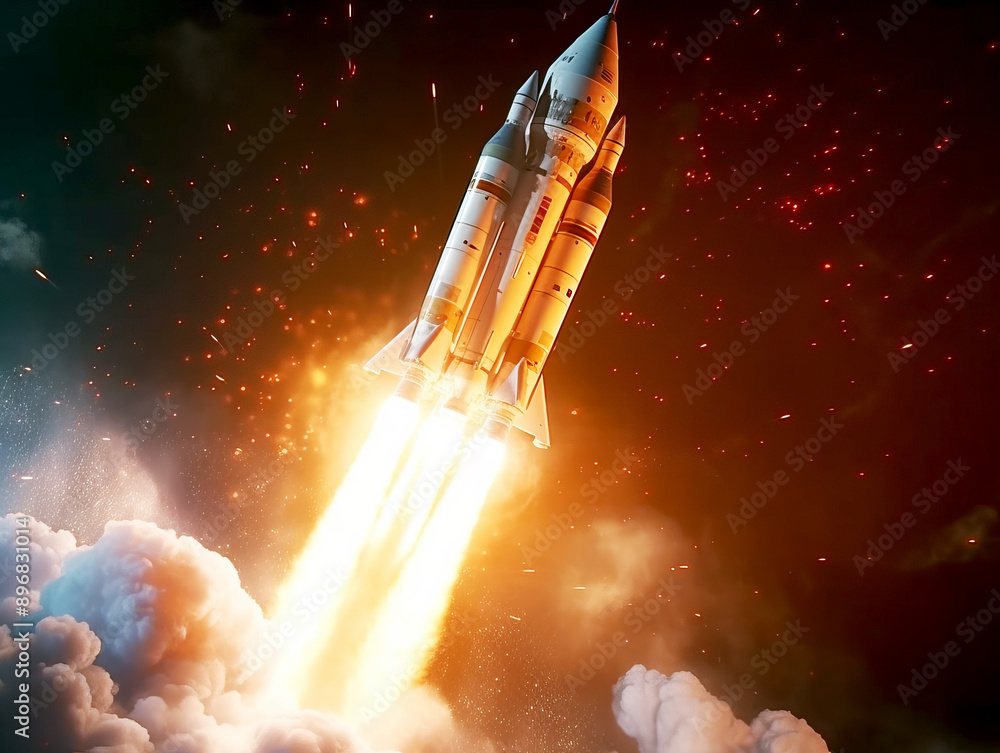 Poster a space shuttle launch with intense flames and smoke against a starry sky, showcasing the concept of