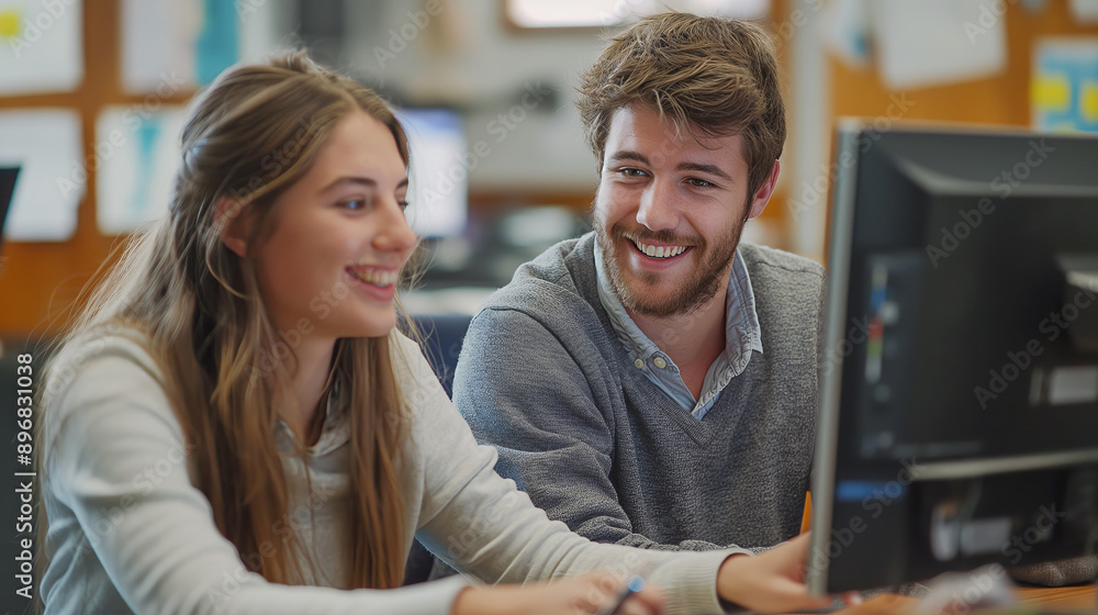 Aufkleber Two people smiling at a computer in an office environment, with a concept of teamwork and collaboration. Generative AI