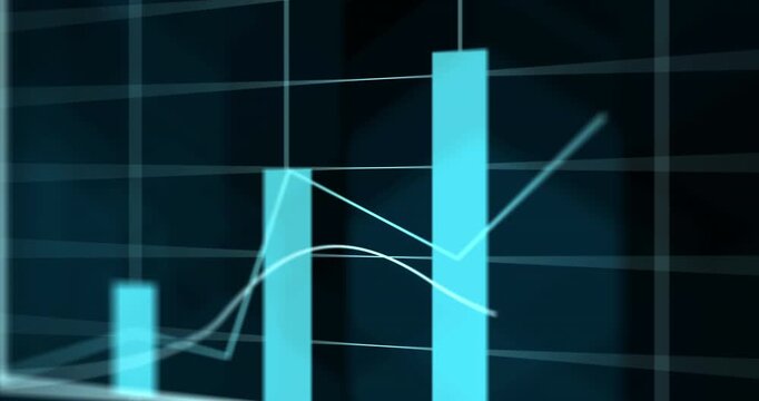 Digital, blue and lines of finance with bar graph for supply chain, commodity price increase or decrease. Chart information, expansion and stats of economic inflation, cost and value or rates.