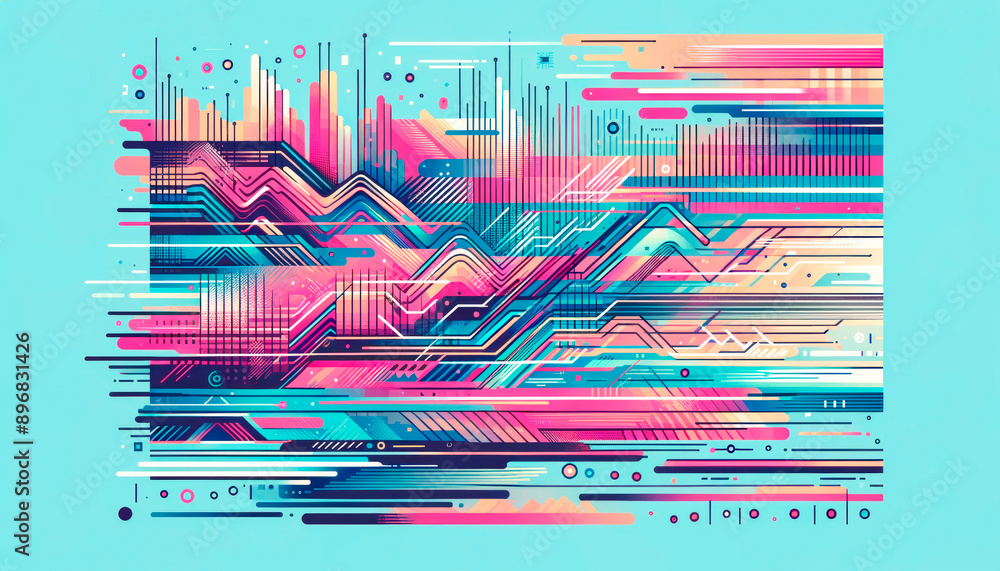 Poster an abstract, colorful composition with dynamic lines and shapes on a light blue background, embodyin