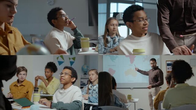 Split screen of diverse teenage children during educational process at school, sitting at desks listening to teacher and having debates. Male Caucasian techer helping student with difficult task