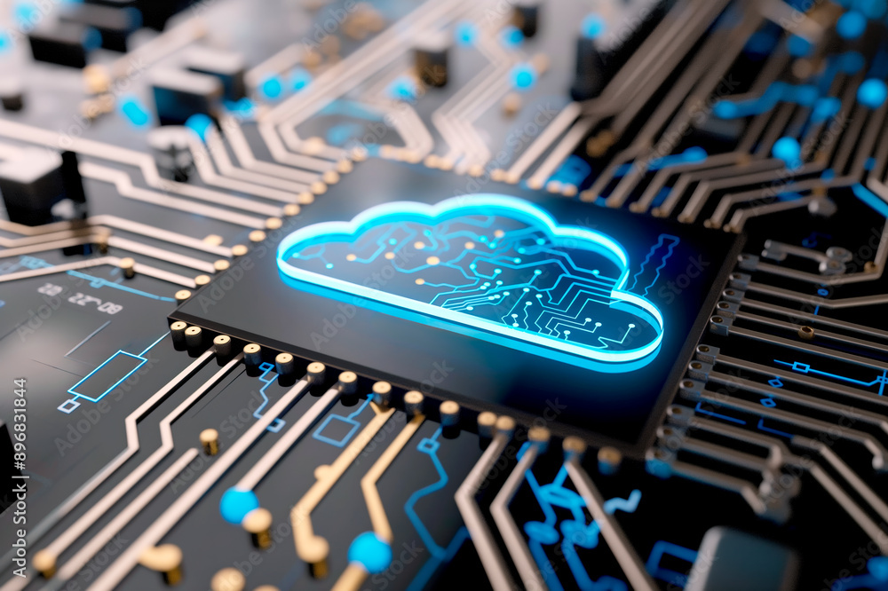 Poster a glowing blue cloud icon on a circuit board, representing cloud computing on a black background. ge