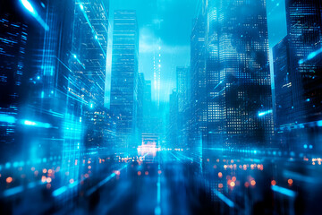 Obraz premium A futuristic cityscape with digital effects, photorealistic style, on a blurred urban background, concept of technology. Generative AI
