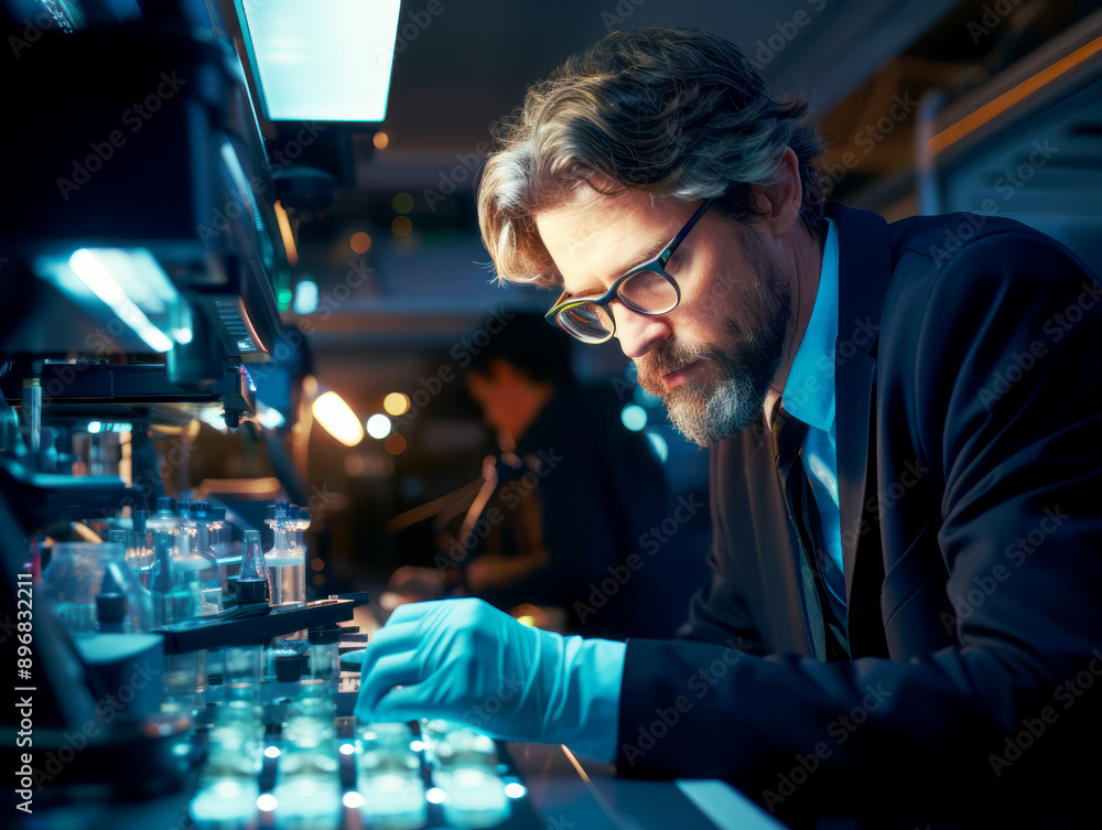 Poster scientist examining samples under a microscope in a laboratory, photographic style, blue and dark ba