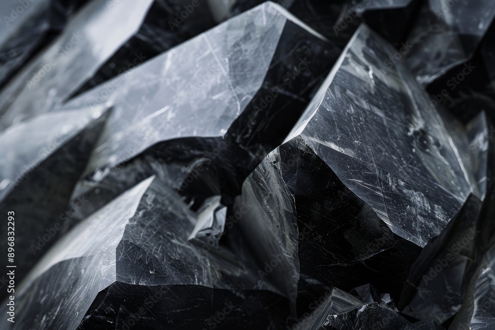 Poster sharp edges and angular shapes of black marble in close up view, emphasize the sharp edges and angul