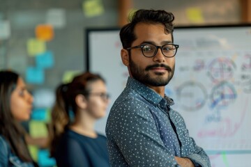 Obraz premium Close-up of a team leader presenting on a whiteboard, team members listening attentively, focused and collaborative, modern office, Portrait half-body, hyper-realistic, high detail, photorealistic,