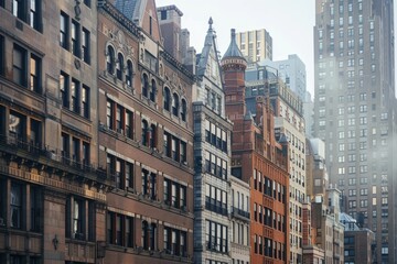 Multiple tall buildings line a city street with unique architectural designs and features, Emphasize the unique character of each building in the skyline, from the Art Deco to the Art Nouveau
