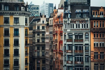 Fototapeta premium Urban Buildings in Cityscape on Rainy Day, Emphasize the unique character of each building in the skyline, from the Art Deco to the Art Nouveau