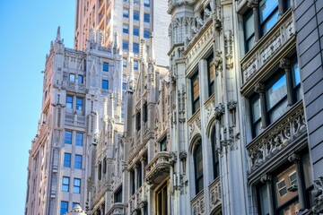Obraz premium Ornate buildings line the bustling street in Chicago, showcasing unique architecture and design, Emphasize the unique character of each building in the skyline, from the Art Deco to the Art Nouveau