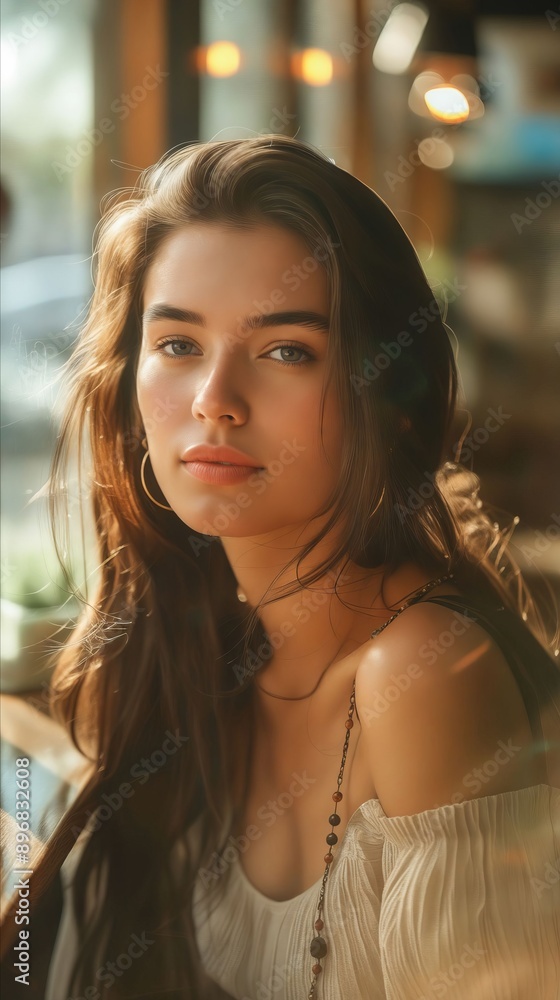 Canvas Prints A beautiful woman in white top sitting at a table.