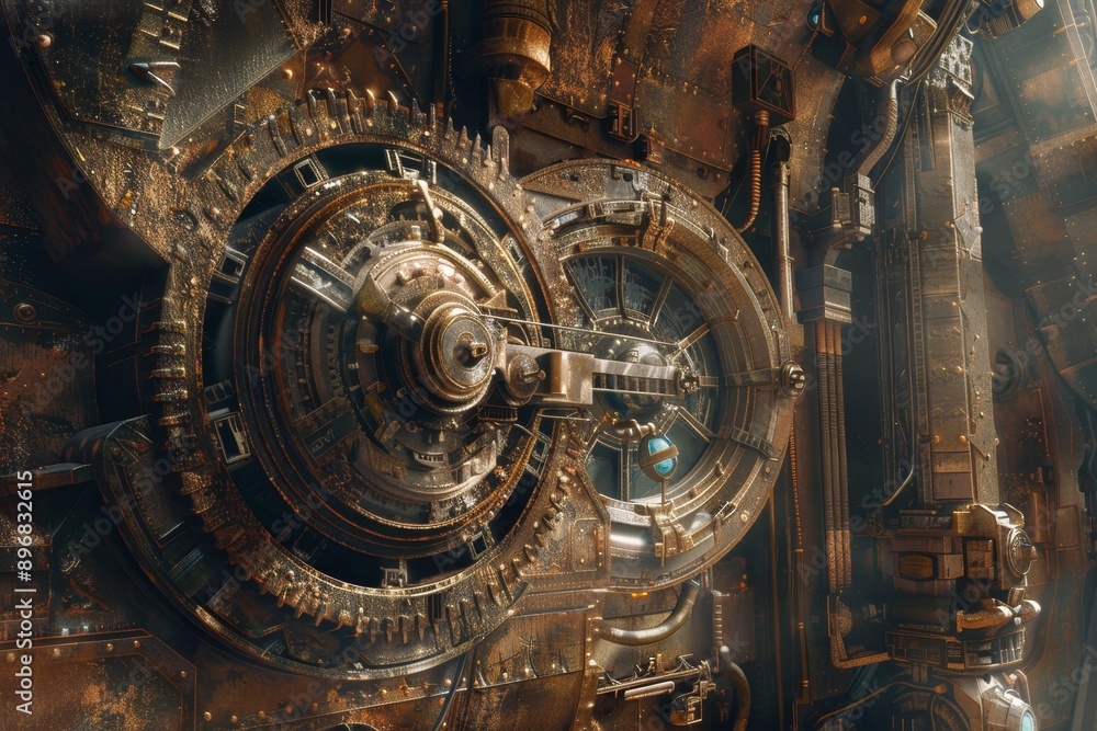 Poster a steam engine is pictured in a room, emitting steam and powering machinery, emphasizing the mechani