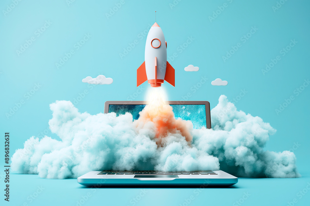Poster a rocket launching from a laptop surrounded by clouds, blue background, startup concept. generative 