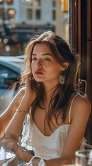 Naklejka premium A woman in white dress sitting at a table.