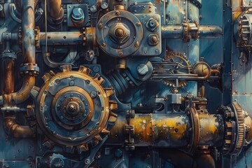 Obraz premium A detailed painting of a steam engine showcasing numerous interconnected gears and mechanical components, Emphasizing the mechanical elements as the focal point of the composition