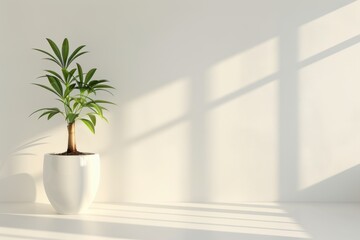 Modern Indoor Plants in Sunlit Room, Stylish indoor plants in minimalist white pots, illuminated by natural sunlight, perfect for modern home decor and interior design.
