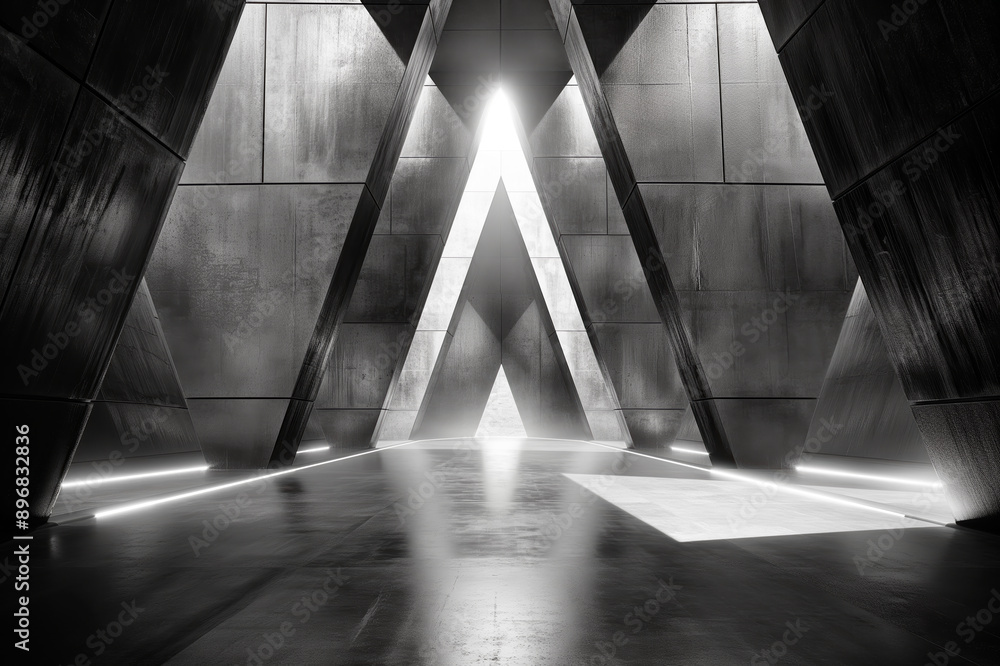 Poster symmetrical metal structure with glowing edges, monochrome photography on a dark concrete background