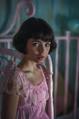 Naklejka premium A young woman in pink dress sitting in a chair.