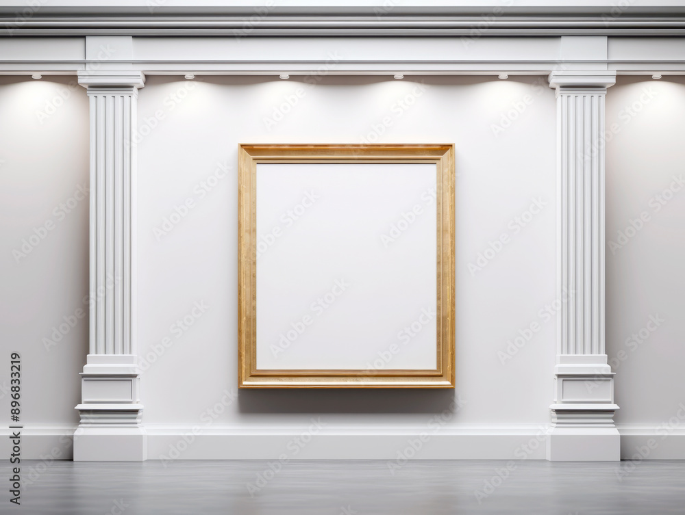 Poster an empty gold-framed picture on a white wall, flanked by classical columns, with spotlights above, d