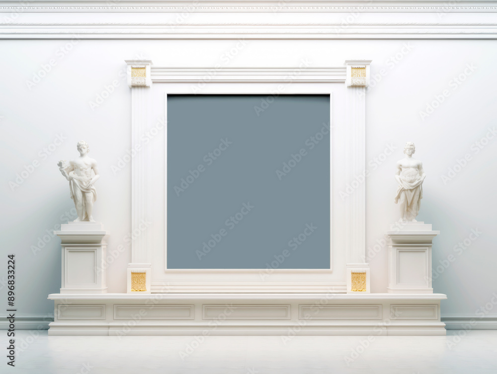 Poster An elegant gallery interior with classical statues and a large blank mockup frame, white and gray, minimalistic concept. Generative AI