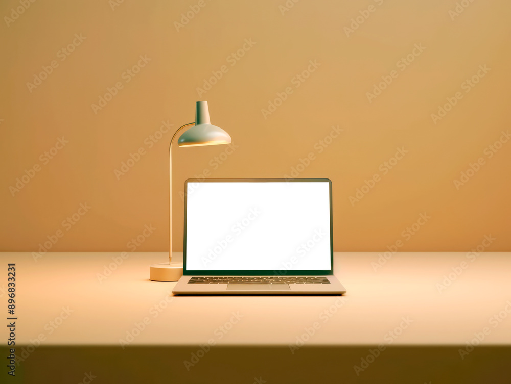 Poster a laptop with a blank screen and a desk lamp on a beige background, concept of workspace. generative