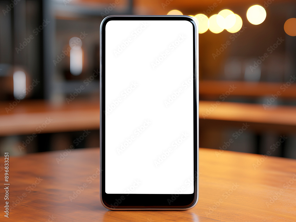 Poster a smartphone with a blank screen placed on a wooden table, bokeh lights in the background, concept o