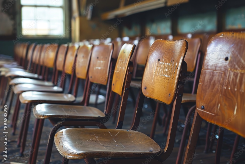 Poster wooden chairs lined up in an empty classroom, empty student chairs lined up in an unoccupied classro