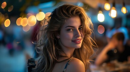 A beautiful woman sitting at a table in a restaurant.