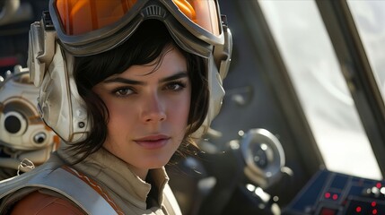 A woman in a helmet is sitting in swiss star wars.