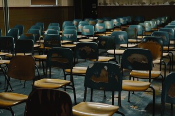 A group of student chairs neatly lined up in an empty classroom, awaiting the arrival of students, Empty student chairs lined up in an unoccupied classroom