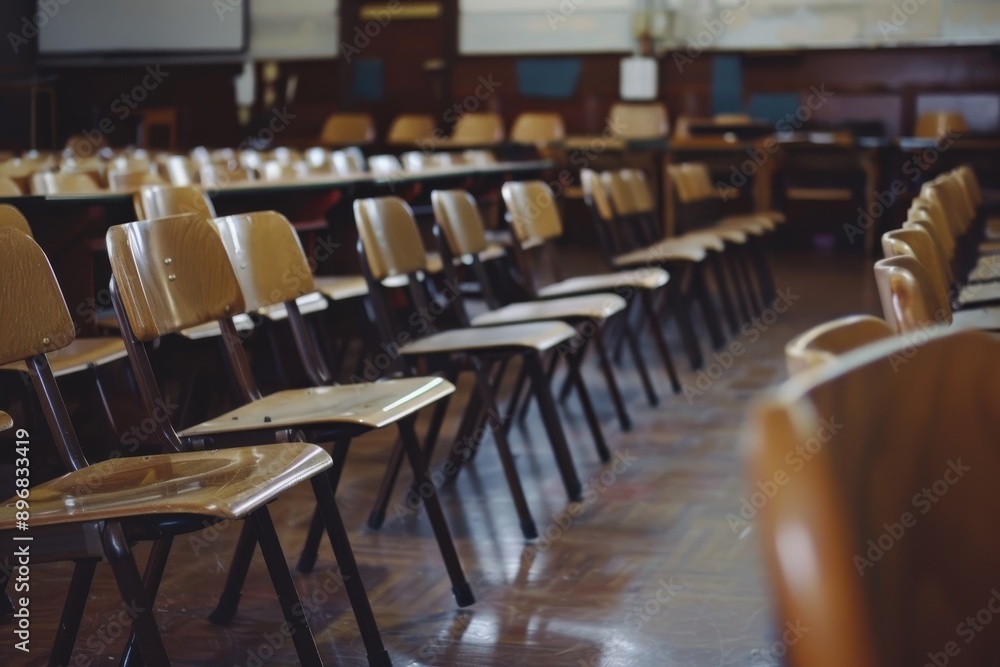 Poster wooden chairs lined up in an empty classroom, empty student chairs lined up in an unoccupied classro