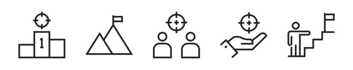 Target Business icon set. Set of 5 outline icons related to business target. Linear icon collection. Target Business outline icons collection. Editable stroke. Vector illustration.