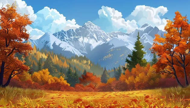 A beautiful autumn landscape with a mountain range in the background, anime style