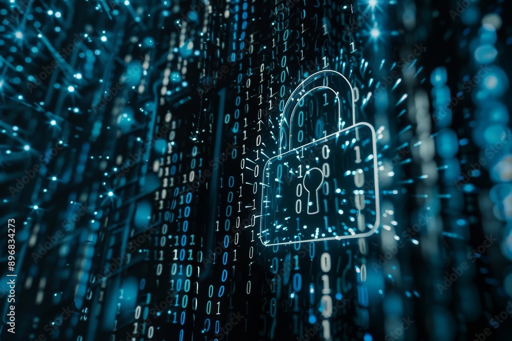 Poster a padlock is displayed against a blue background, symbolizing security and protection, encrypting se
