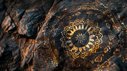 A high-definition photograph of a black mandala painted on a rock