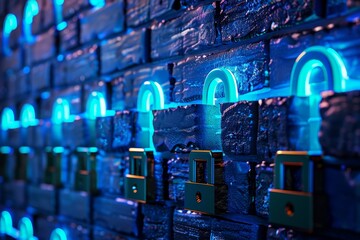 Blue locks with illuminated keyholes secured on a brick wall, Enhance visual representations of...