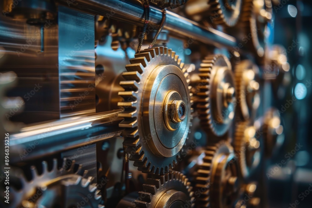 Poster detailed view of interconnected gears within a machine, showcasing precision engineering and mechani