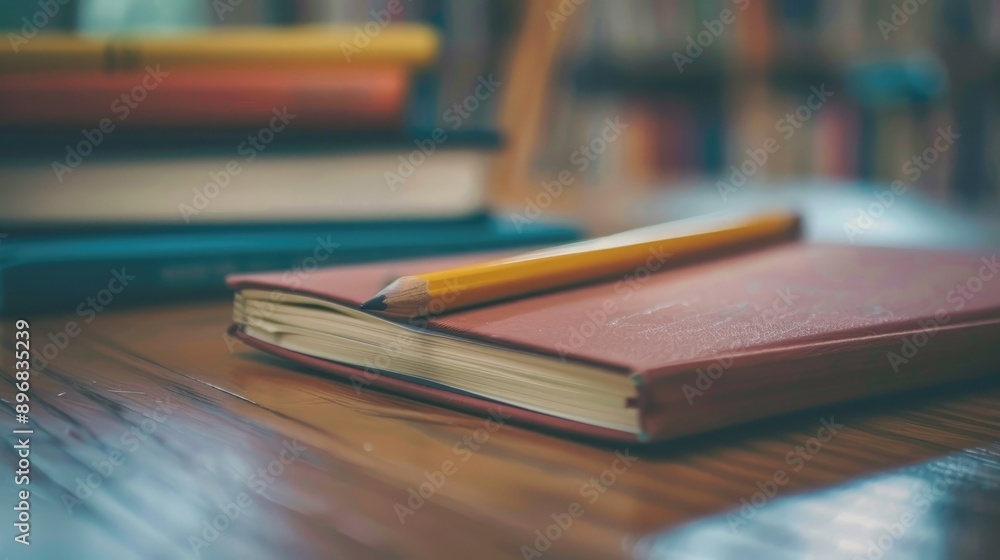 Poster pencil and bookmarks on table with notebook
