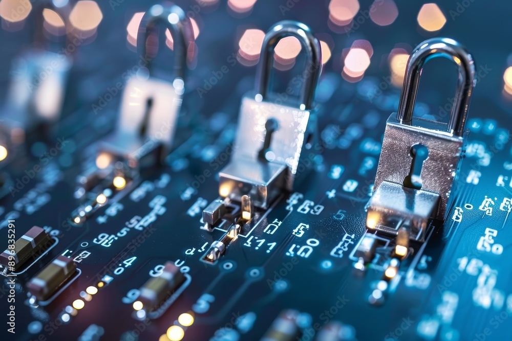 Poster multiple padlocks attached to a circuit board, enhancing security measures to safeguard sensitive da